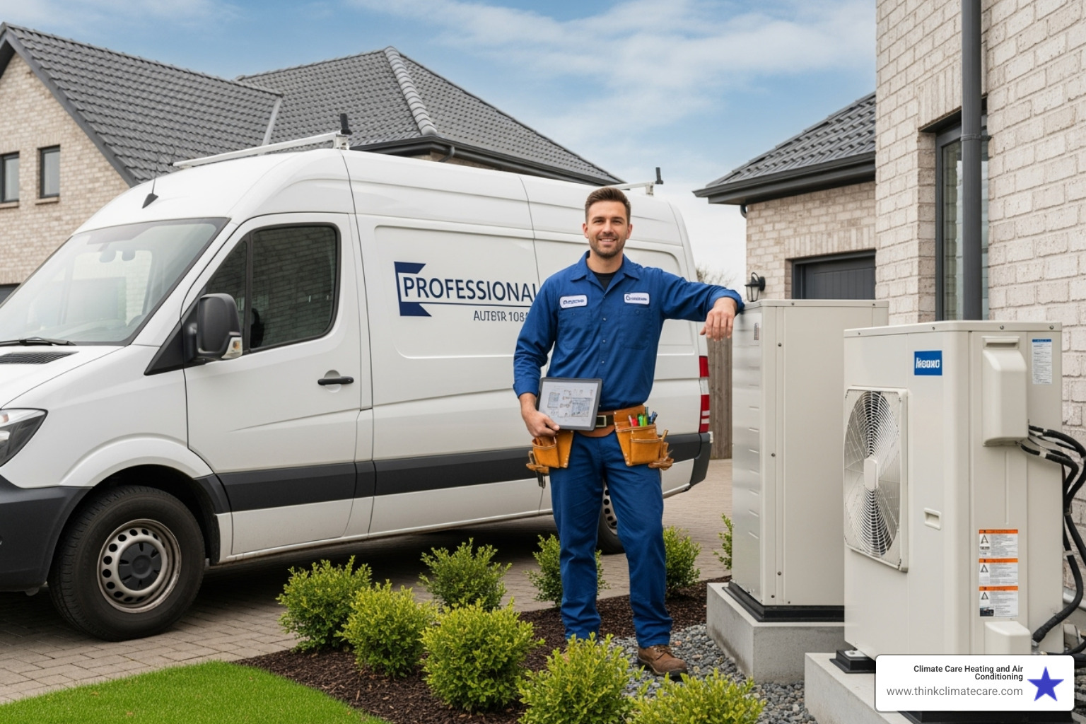 friendly technician with company van next to well-maintained HVAC unit - heat pump repair estimate manteca friendly technician with company van next to well-maintained HVAC unit - heat pump repair estimate manteca