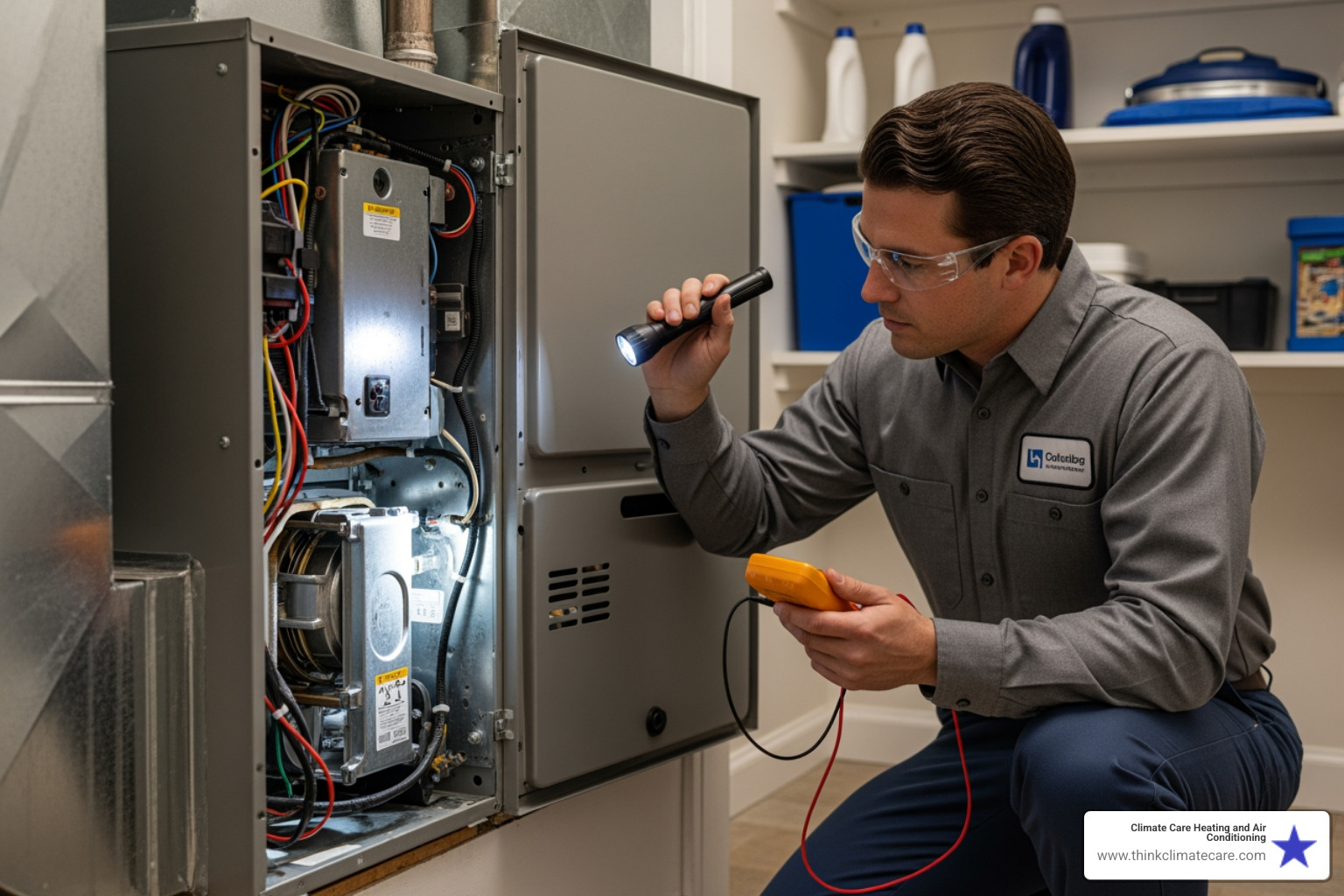 a professional technician inspecting a furnace - best heating repair manteca ca