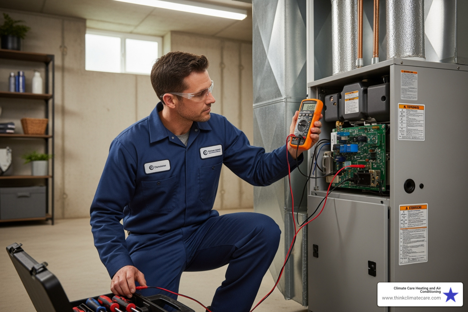 a technician performing a tune-up on a heating unit - best heating repair manteca ca