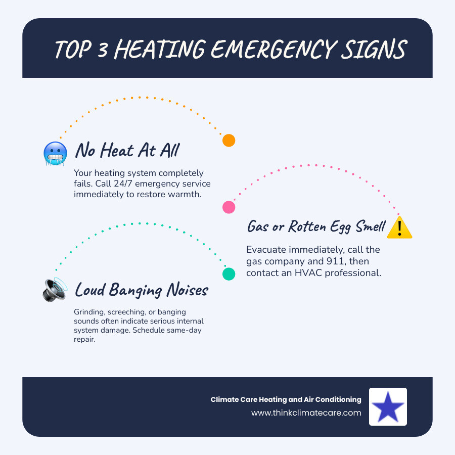 infographic showing three urgent heating emergency signs: a house with no heat symbol, a gas smell warning icon, and loud noise indicators coming from a furnace - emergency heating service tune up manteca infographic infographic-line-3-steps-blues-accent_colors