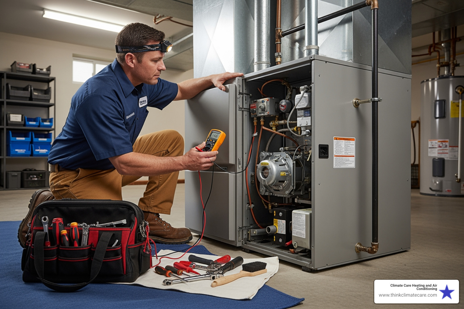 a technician performing maintenance on a furnace - emergency heating service tune up manteca