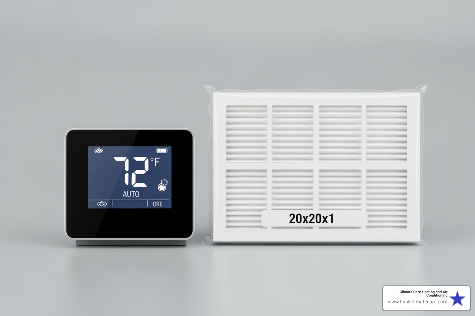 a thermostat and a clean HVAC filter side-by-side - emergency heating service tune up manteca