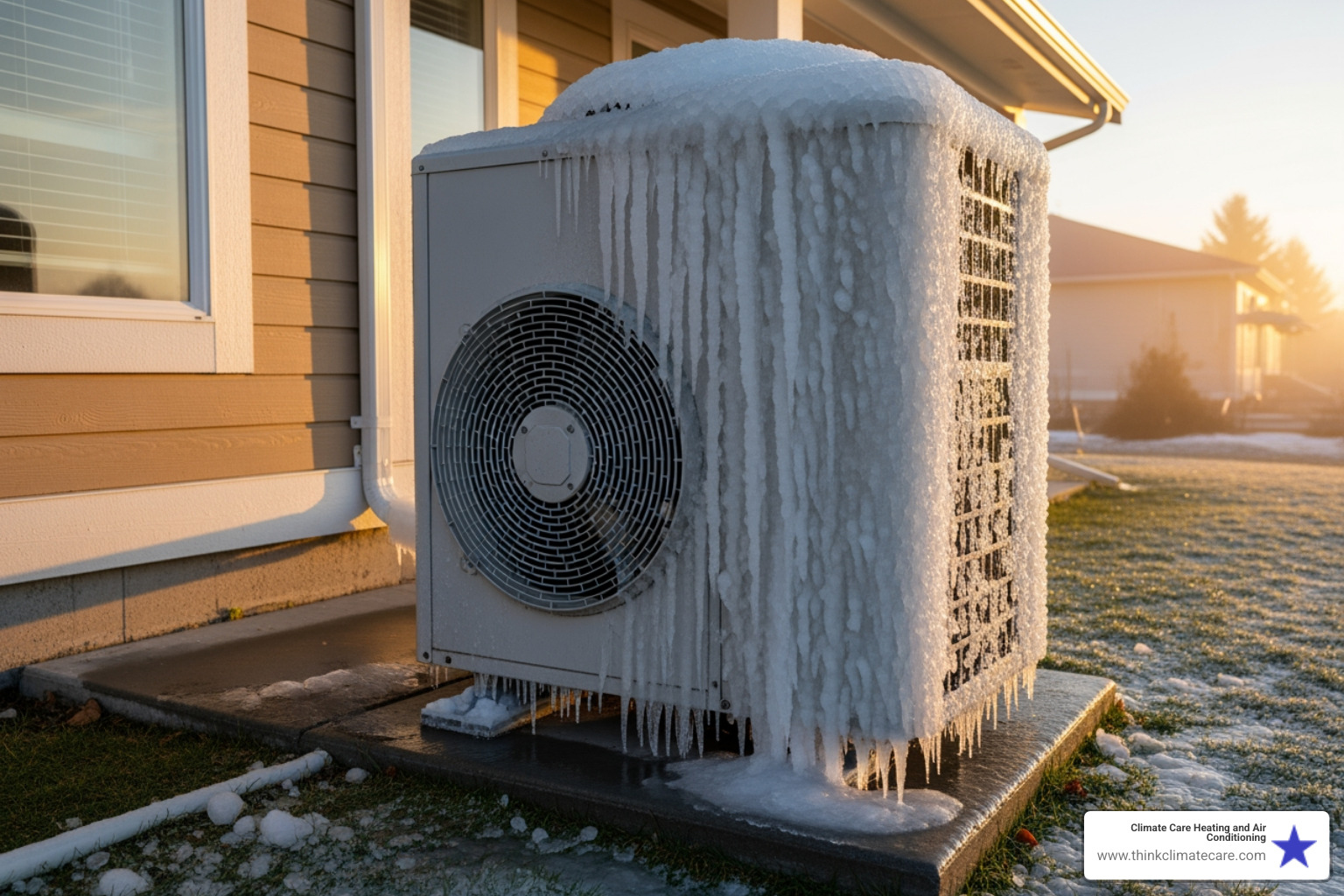 An outdoor heat pump unit completely covered in ice, indicating a serious malfunction. - heat pump repair modesto ca