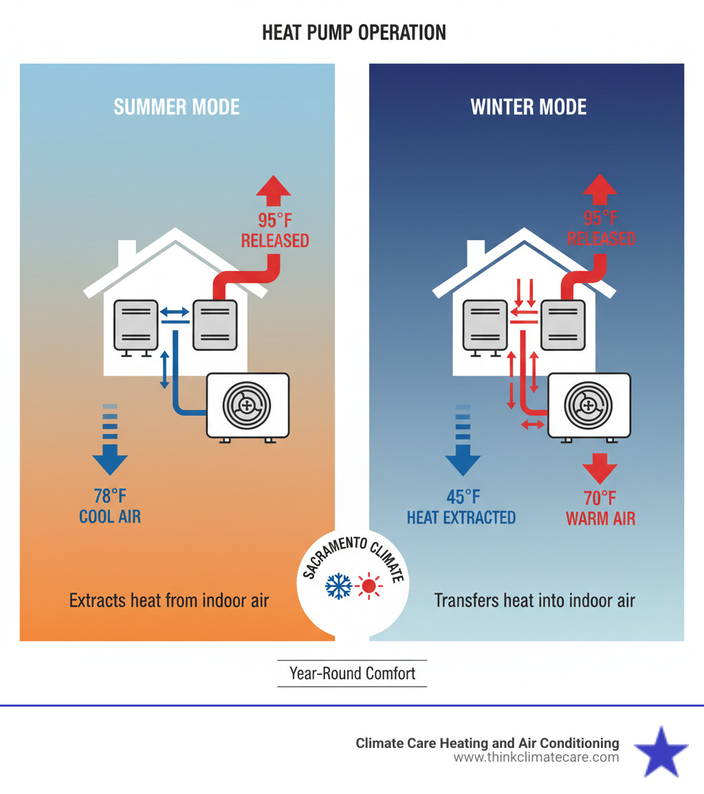 infographic showing heat pump operation in summer mode extracting heat from indoor air and releasing it outside, then winter mode extracting heat from outdoor air and bringing it inside, with arrows indicating refrigerant flow direction and temperature zones for Sacramento climate - heat pump upgrade sacramento infographic 