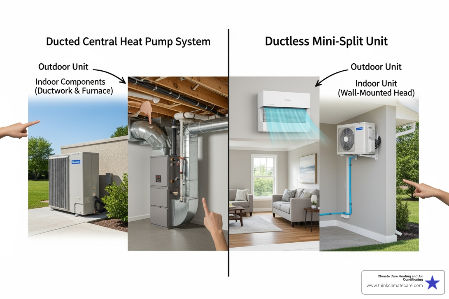 comparing a ducted central heat pump system with a ductless mini-split unit - heat pump upgrade sacramento
