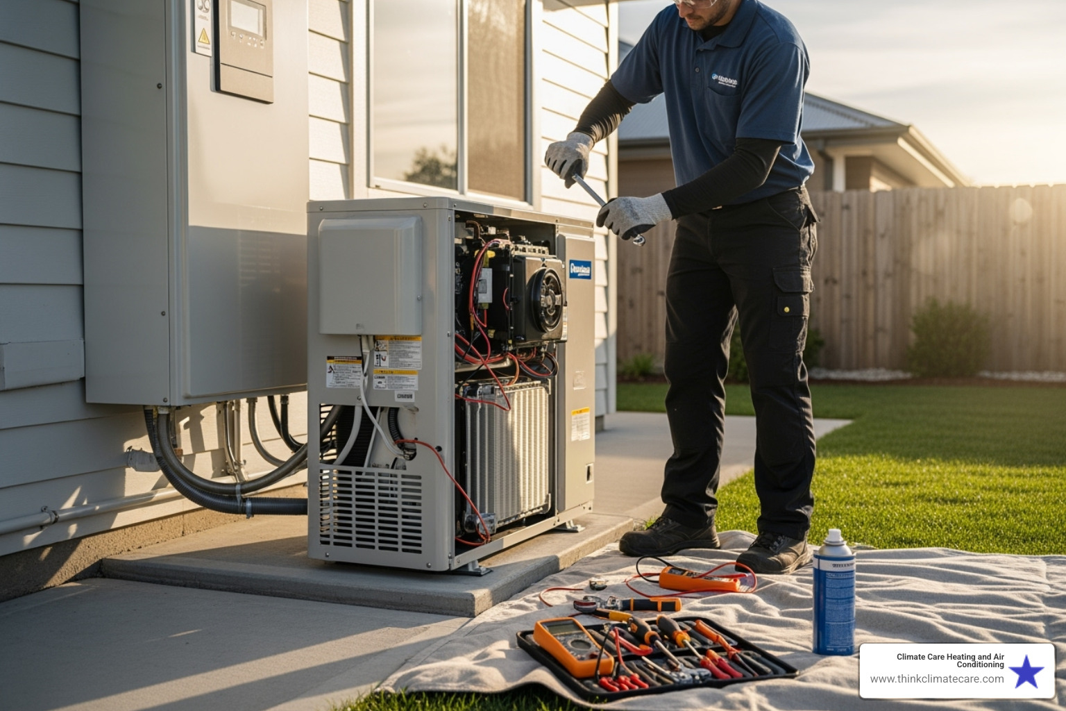 technician performing tune-up on outdoor heat pump unit - heat pump upgrade sacramento