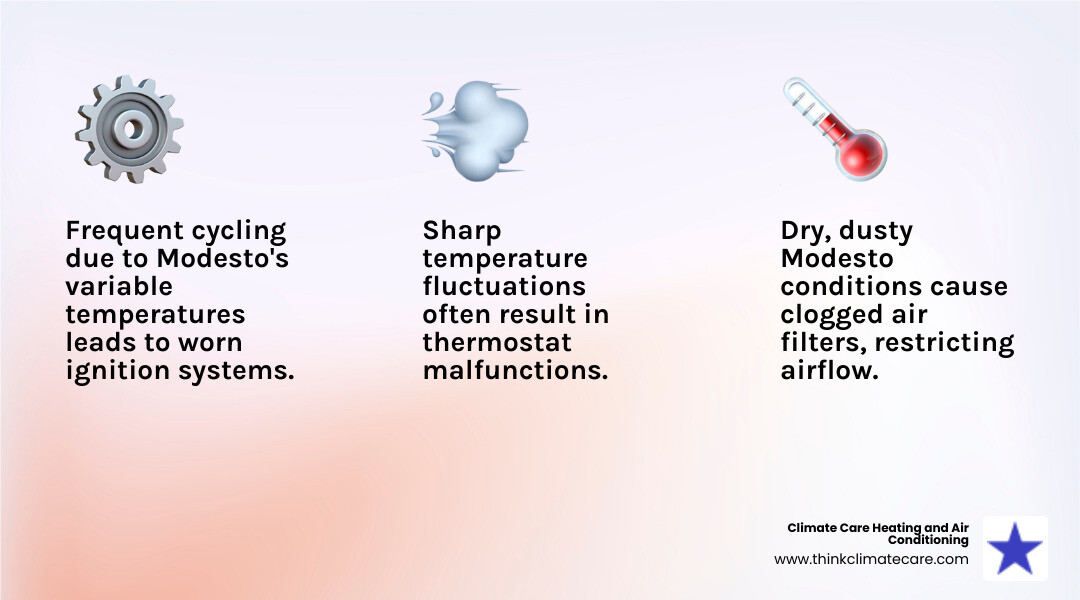 infographic showing three main causes of heating failure in Modesto: worn ignition systems from frequent cycling, clogged air filters from dry dusty conditions, and thermostat malfunctions from temperature fluctuations - emergency heating maintenance modesto ca infographic 3_facts_emoji_light-gradient
