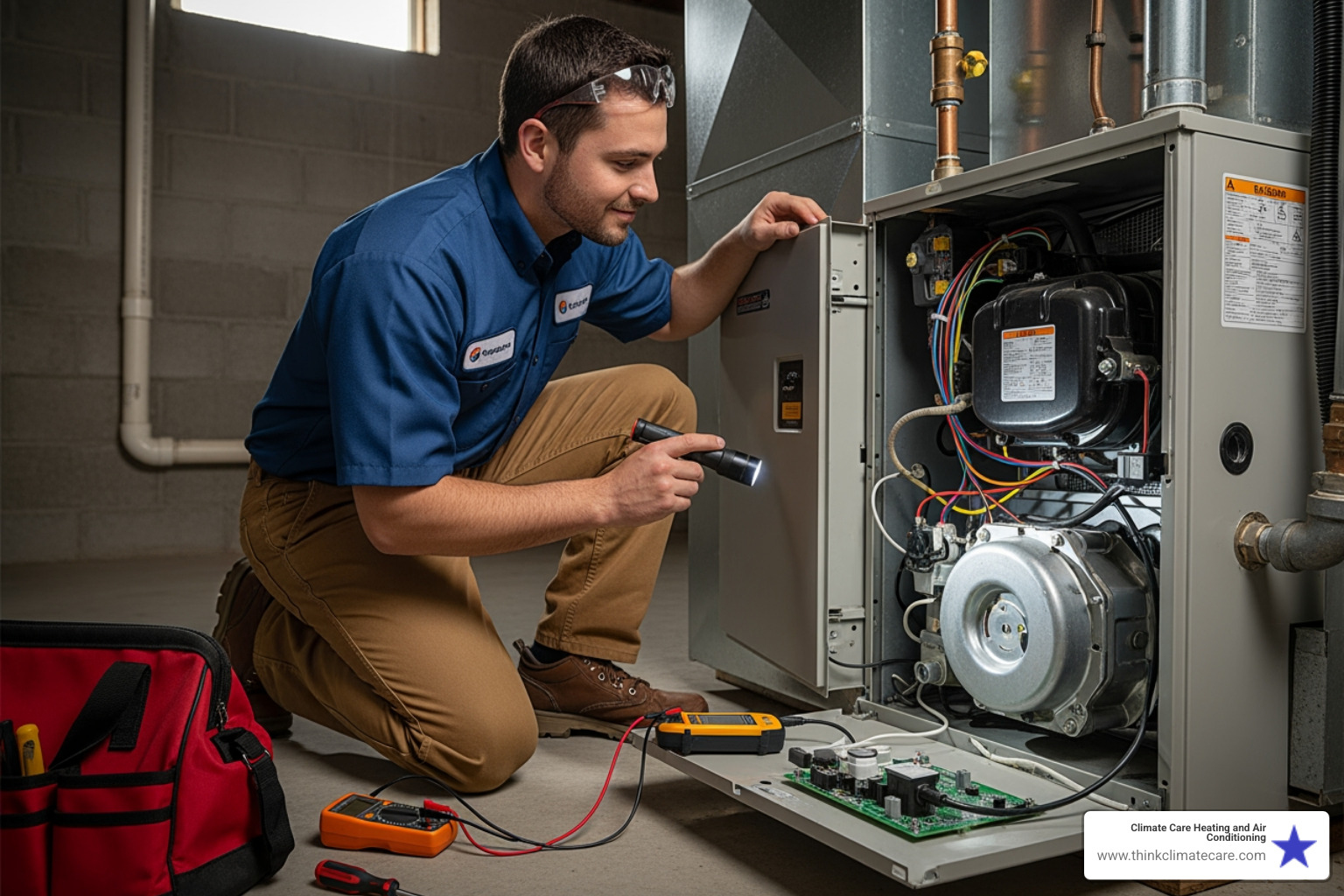 friendly technician inspecting a furnace unit - emergency heating maintenance modesto ca