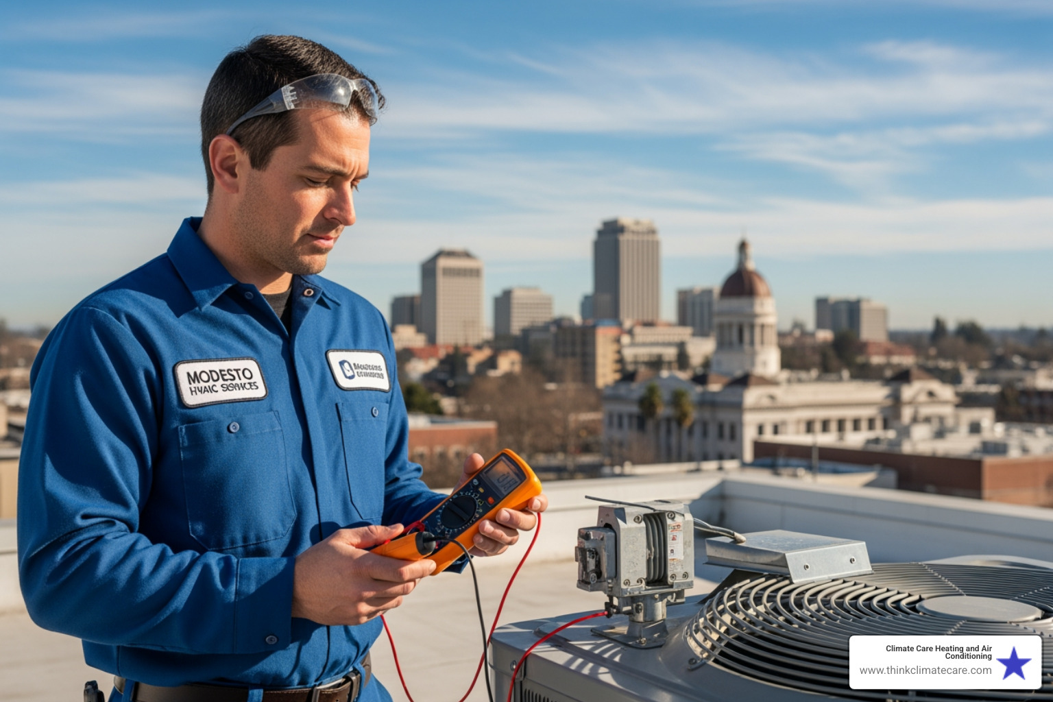 Modesto city skyline with HVAC technician in foreground - emergency heating maintenance modesto ca