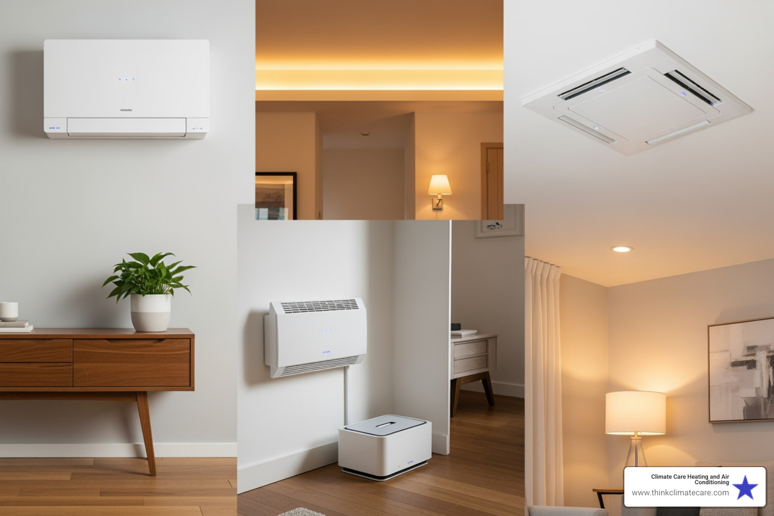 various types of indoor ductless mini-split units including wall-mounted, floor-mounted, and ceiling cassette styles - best ductless heating installation manteca ca