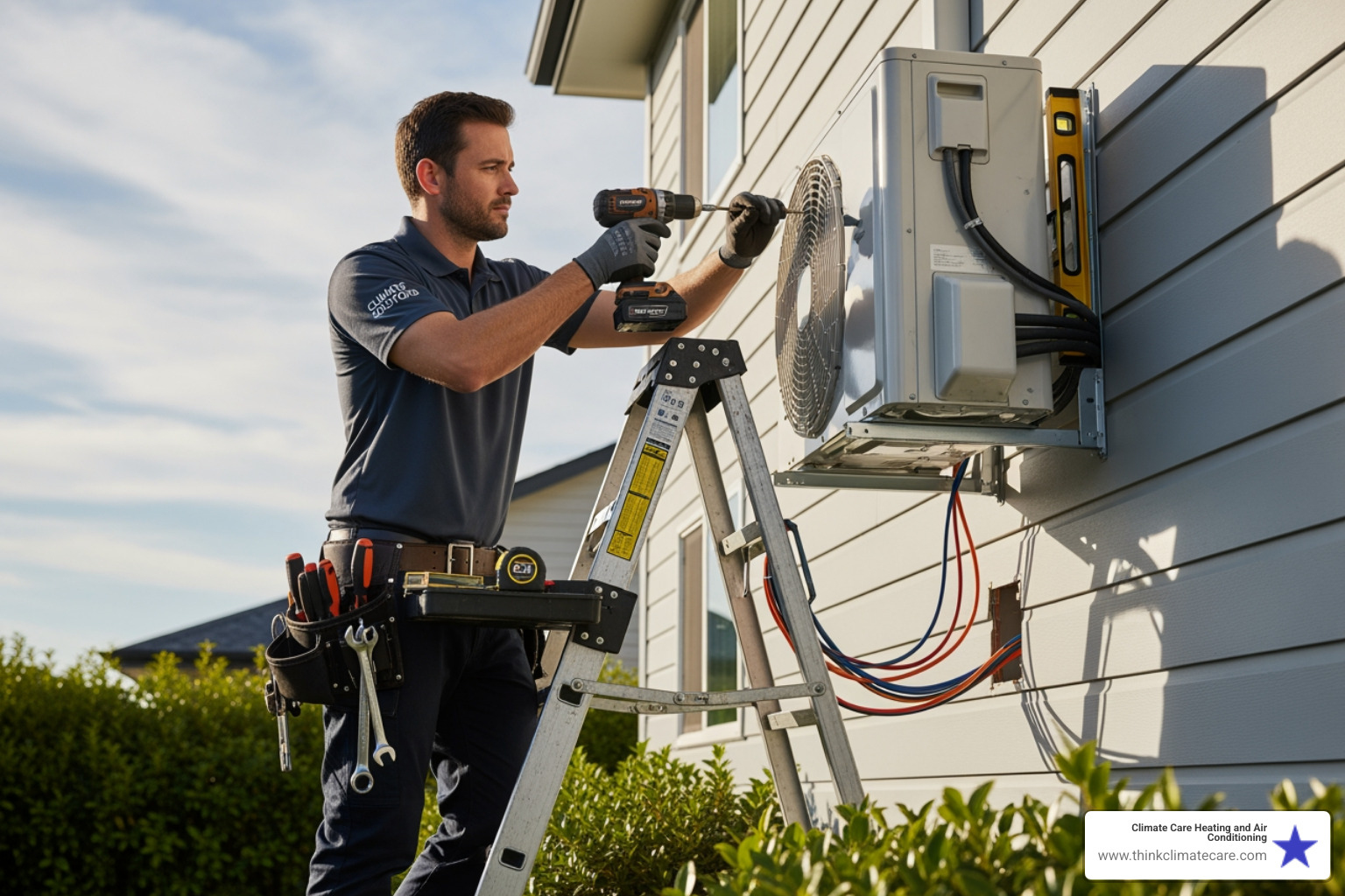 a professional HVAC technician installing the outdoor unit of a ductless mini-split system - best ductless heating installation manteca ca