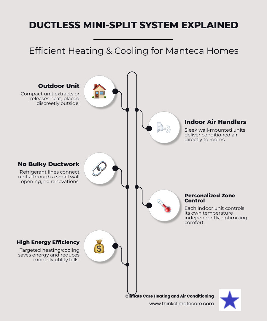 infographic showing ductless mini-split system components outdoor unit connected to multiple indoor wall-mounted units via refrigerant lines, with callouts for zone control, energy efficiency ratings, and installation requirements for Manteca homes - best ductless heating installation manteca ca infographic infographic-line-5-steps-elegant_beige