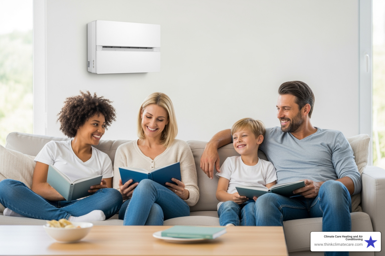 Family comfortably enjoying a room with a ductless unit - professional ductless heating installation modesto ca Family comfortably enjoying a room with a ductless unit - professional ductless heating installation modesto ca