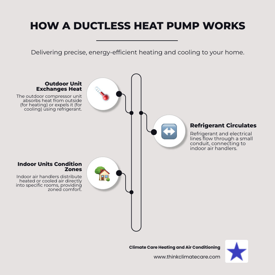 Infographic showing how a ductless heat pump system works: outdoor compressor unit connected via refrigerant lines and electrical wiring through a small wall conduit to indoor air handler units, with arrows indicating heat transfer in both heating and cooling modes, plus labels for key components like inverter-driven compressor, zoned thermostats, and energy efficiency ratings - professional ductless heating installation modesto ca infographic infographic-line-3-steps-elegant_beige Infographic showing how a ductless heat pump system works: outdoor compressor unit connected via refrigerant lines and electrical wiring through a small wall conduit to indoor air handler units, with arrows indicating heat transfer in both heating and cooling modes, plus labels for key components like inverter-driven compressor, zoned thermostats, and energy efficiency ratings - professional ductless heating installation modesto ca infographic infographic-line-3-steps-elegant_beige