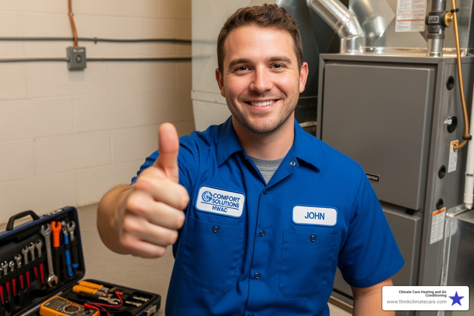 smiling technician giving thumbs-up - best heat pump repair manteca ca