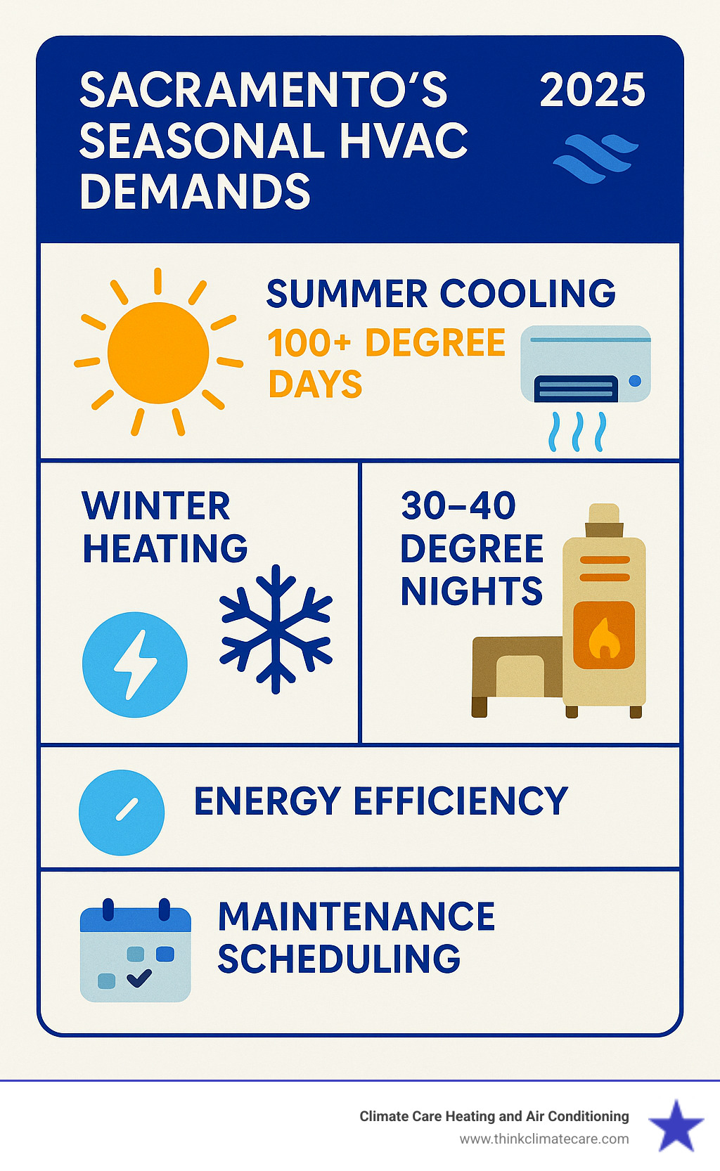 Comprehensive guide showing Sacramento's seasonal HVAC demands with summer cooling requirements of 100+ degree days, winter heating needs for 30-40 degree nights, energy efficiency considerations, and maintenance scheduling recommendations for optimal system performance - hvac company sacramento infographic Comprehensive guide showing Sacramento's seasonal HVAC demands with summer cooling requirements of 100+ degree days, winter heating needs for 30-40 degree nights, energy efficiency considerations, and maintenance scheduling recommendations for optimal system performance - hvac company sacramento infographic