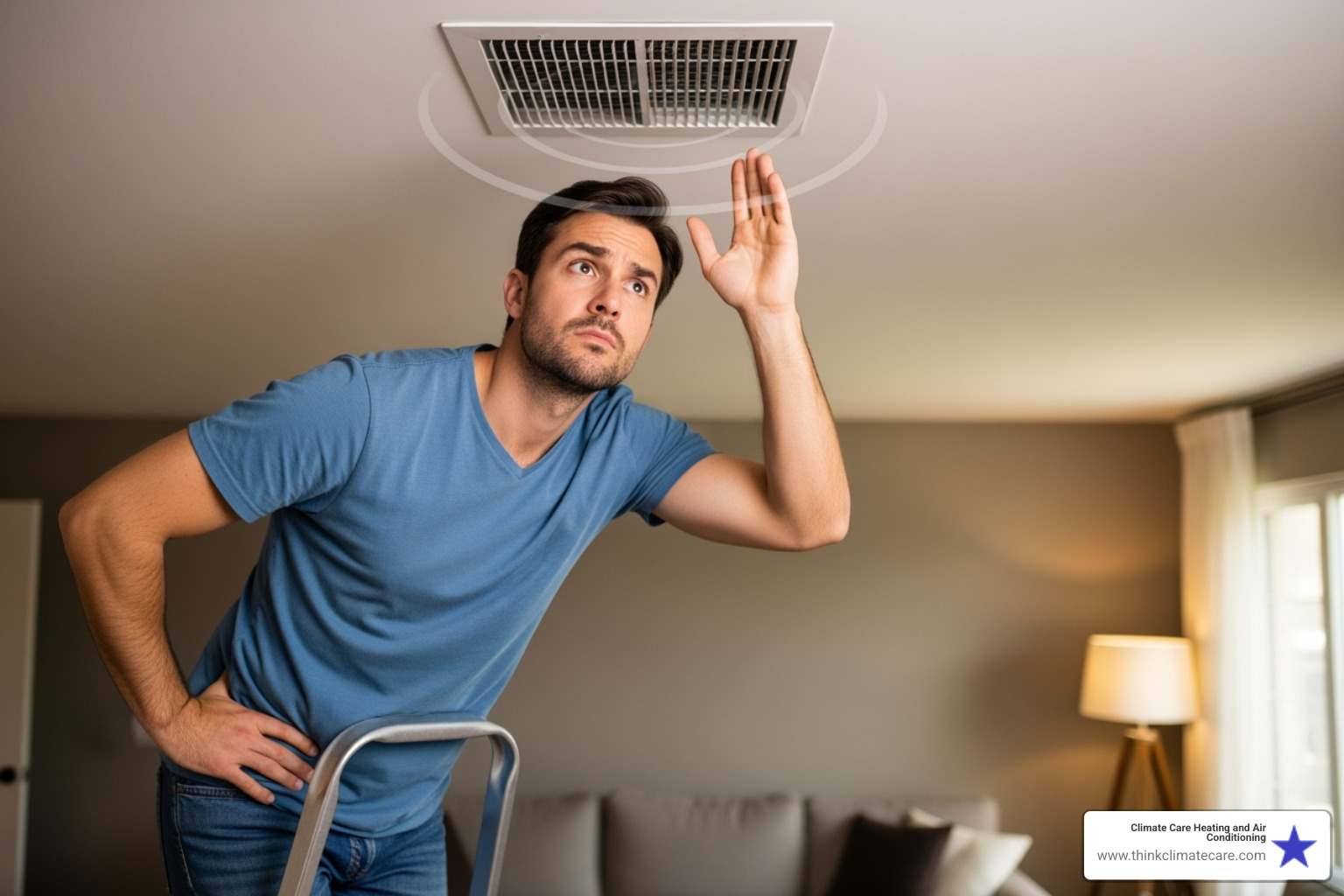Homeowner looking quizzically at a noisy air vent - hvac company sacramento Homeowner looking quizzically at a noisy air vent - hvac company sacramento