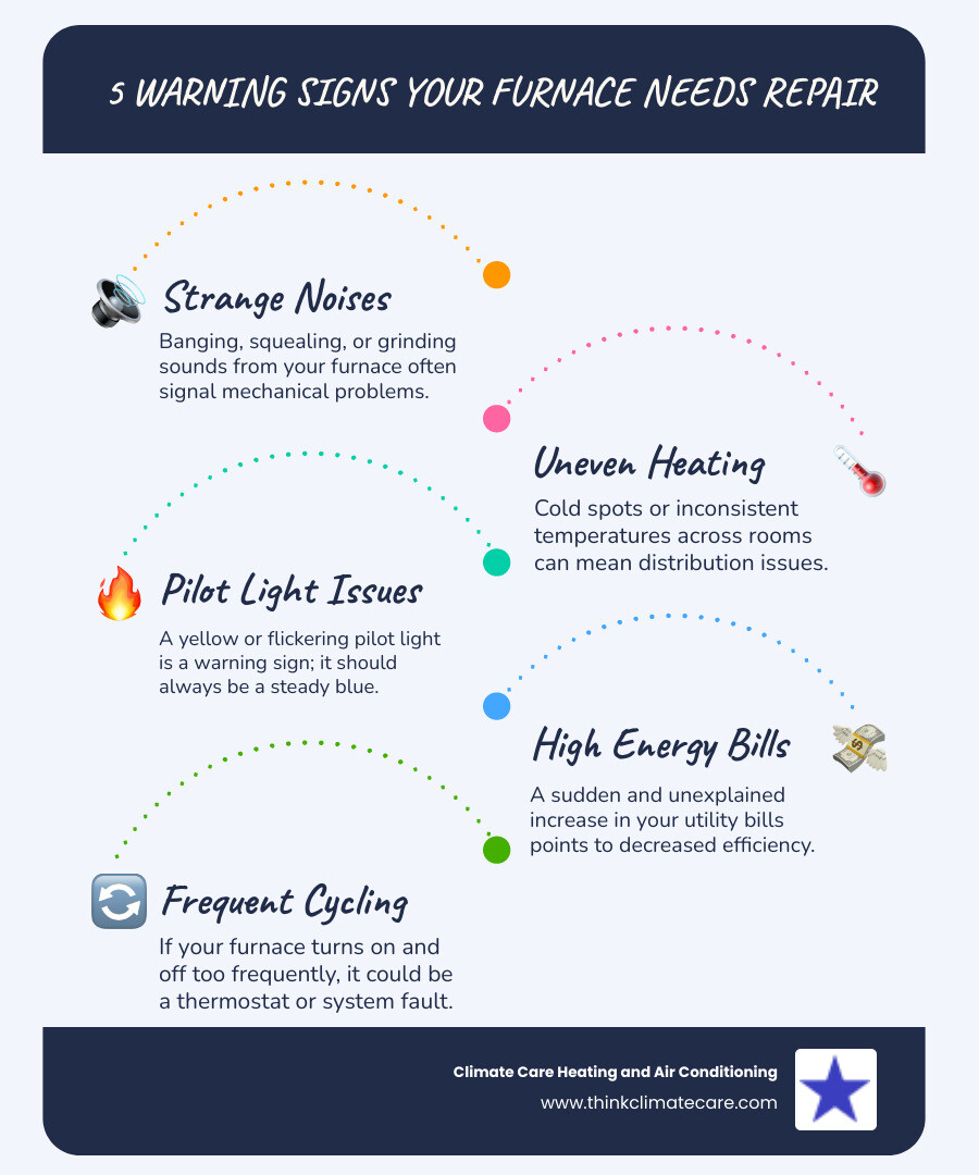 infographic showing five warning signs your furnace needs repair: strange noises like banging or squealing, uneven heating throughout the home, yellow or flickering pilot light, unexplained increase in energy bills, and frequent on-off cycling - furnace repair tracy ca infographic infographic-line-5-steps-blues-accent_colors