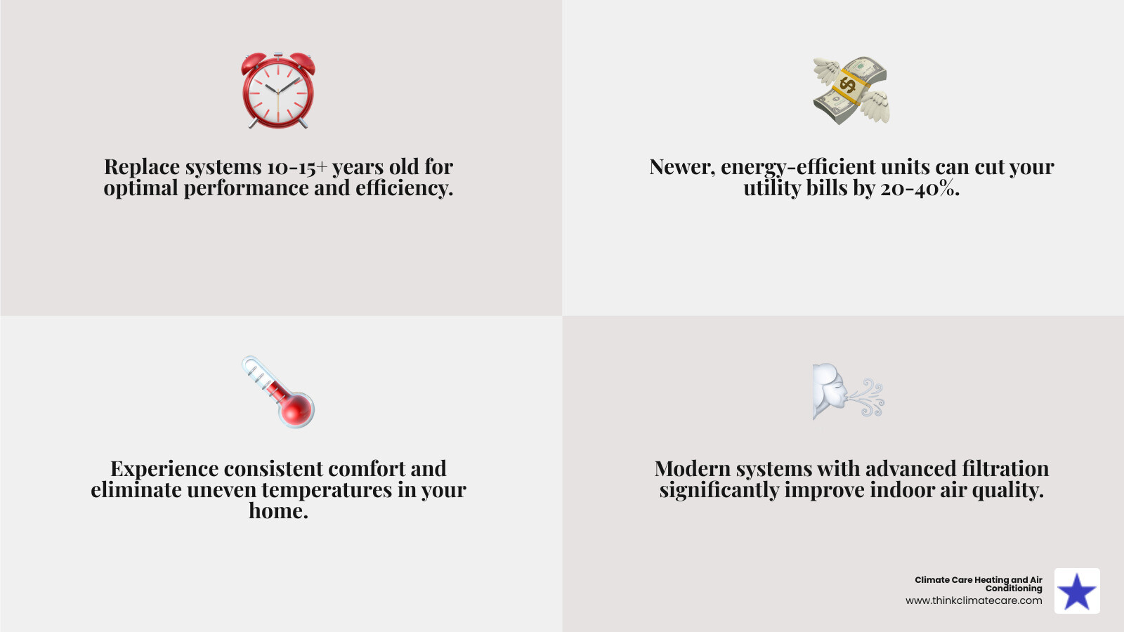 infographic showing HVAC replacement timeline and benefits including system age indicators, energy savings percentages, comfort improvements, and air quality enhancements - hvac replacement elk grove ca infographic 4_facts_emoji_grey infographic showing HVAC replacement timeline and benefits including system age indicators, energy savings percentages, comfort improvements, and air quality enhancements - hvac replacement elk grove ca infographic 4_facts_emoji_grey