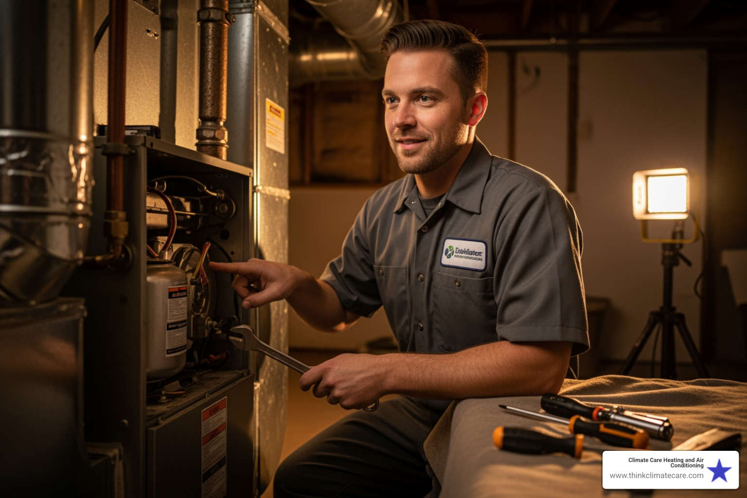 infographic showing common heater repair warning signs including strange noises from furnace, uneven heating between rooms, yellow pilot light flame, higher than normal energy bills, frequent cycling on and off, and unusual burning smells - Who provides the best heater repair in the Sacramento HVAC market?"