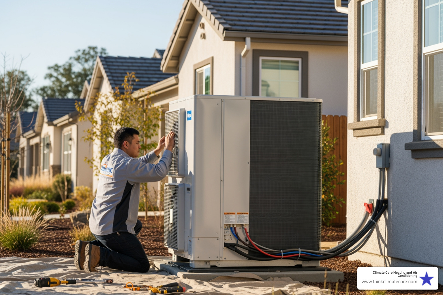 infographic explaining how a dual mode heat pump automatically switches between electric heat pump mode in mild weather and gas furnace mode in cold weather, with temperature thresholds and energy source indicators - "Which companies in Manteca specialize in installing dual mode heat pumps?" infographic explaining how a dual mode heat pump automatically switches between electric heat pump mode in mild weather and gas furnace mode in cold weather, with temperature thresholds and energy source indicators - "Which companies in Manteca specialize in installing dual mode heat pumps?"