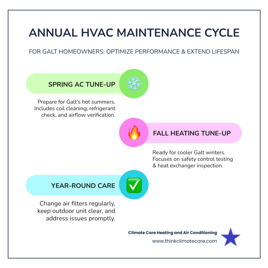 Infographic showing the annual HVAC maintenance cycle with key checkpoints: spring AC tune-up tasks including coil cleaning and refrigerant check, fall heating tune-up tasks including safety control testing and airflow verification, and year-round homeowner maintenance tips like filter changes and keeping outdoor units clear - hvac tune-up galt ca infographic infographic-line-3-steps-colors