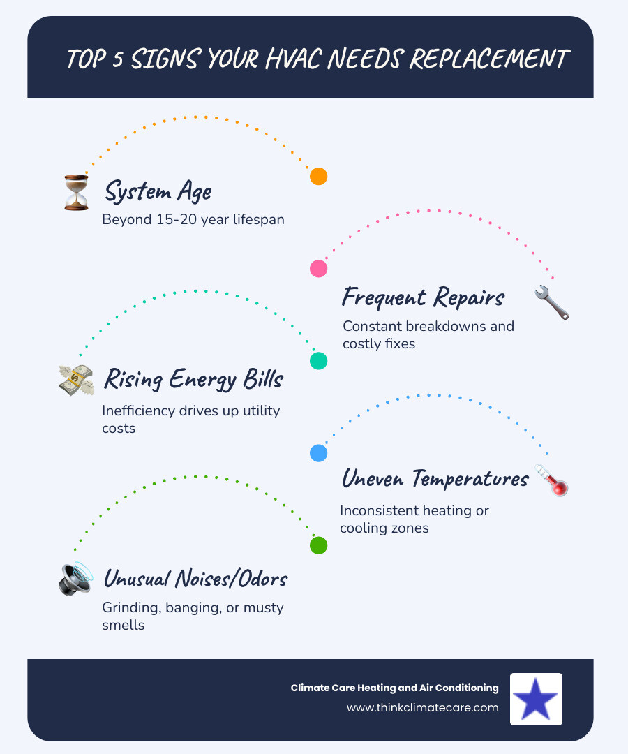 Infographic showing the top 5 signs your HVAC system needs replacement: system age over 15 years, frequent repair needs, rising energy bills, uneven room temperatures, and unusual noises or odors - hvac replacement lodi ca infographic infographic-line-5-steps-blues-accent_colors