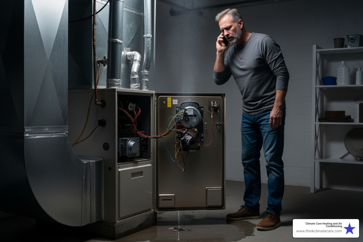 Infographic showing the critical warning signs that indicate immediate HVAC replacement is needed: complete system failure, loud grinding or banging noises, burning or gas-like odors, major water or refrigerant leaks, electrical hazards, systems over 10 years old with frequent breakdowns, and emergency situations during extreme Modesto weather conditions - same day hvac replacement in modesto, ca