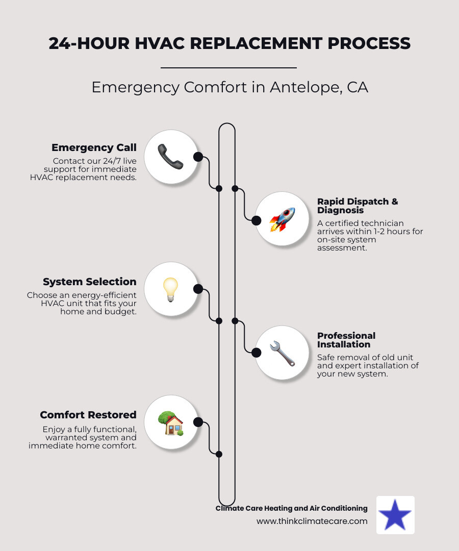 Infographic showing the 24-hour HVAC replacement process in Antelope: emergency call received, technician dispatched within 1-2 hours, system diagnosed on-site, homeowner selects new energy-efficient unit, old system safely removed, new system professionally installed and tested, home comfort restored—all within 24 hours with warranties included - 24 hour hvac replacement in antelope, ca infographic infographic-line-5-steps-elegant_beige
