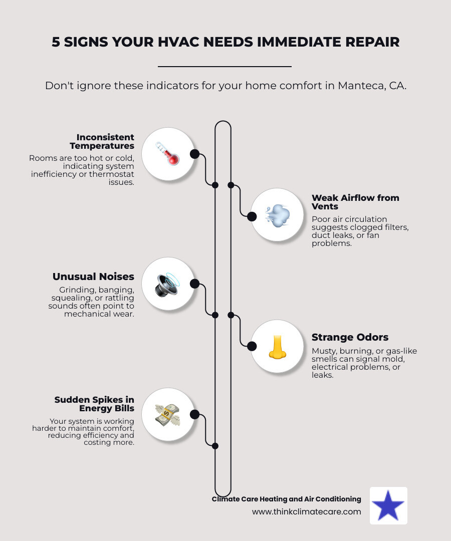 Infographic explaining the top 5 signs your HVAC system needs immediate repair: inconsistent room temperatures, weak airflow from vents, unusual grinding or banging noises, musty or burning odors, and sudden spikes in monthly energy bills - hvac repair in manteca, ca infographic infographic-line-5-steps-elegant_beige