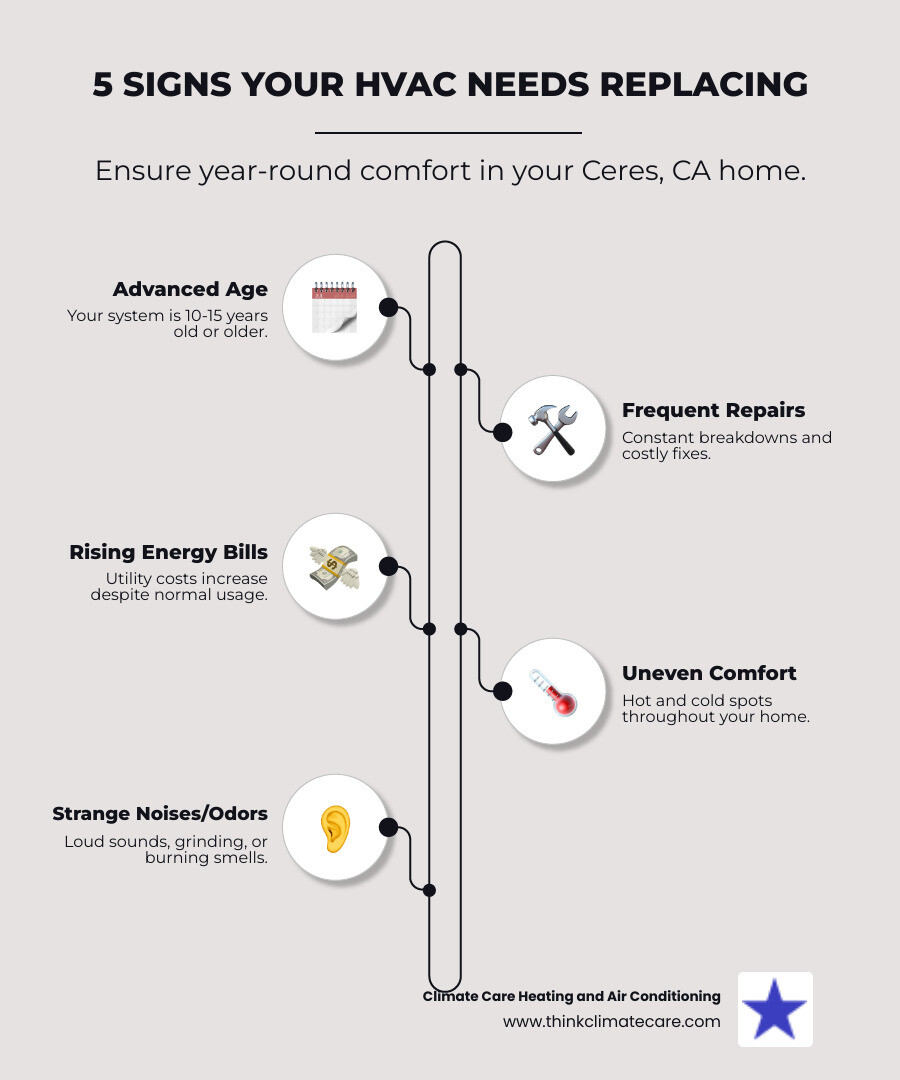 infographic showing the top 5 signs your HVAC system needs replacement including system age over 10-15 years, frequent costly repairs, rising energy bills despite normal usage, uneven heating or cooling throughout the home, and unusual noises or odors from the unit - hvac replacement ceres ca infographic infographic-line-5-steps-elegant_beige