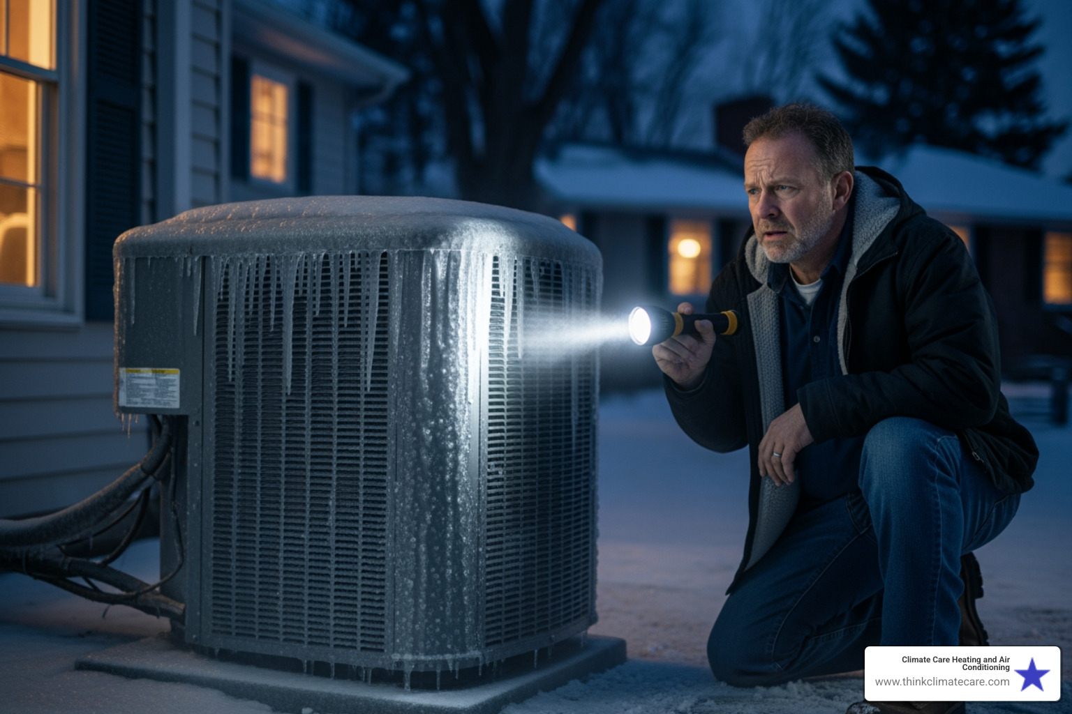 Infographic showing common HVAC emergencies requiring immediate attention including complete system failure, safety hazards like gas leaks and burning smells, frozen coils, refrigerant leaks, and no airflow, with icons representing each emergency type and immediate action steps for Salida homeowners - 24 hour hvac repair in salida, ca