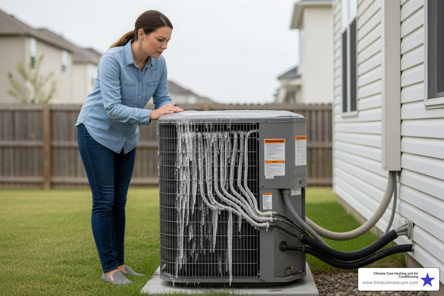 Infographic showing signs of HVAC failure including strange noises from vents and outdoor units, weak or warm airflow from registers, unusual odors like burning or musty smells, frequent cycling on and off, rising energy bills without increased usage, and visible ice buildup on AC components - 24 hour hvac in stockton, ca