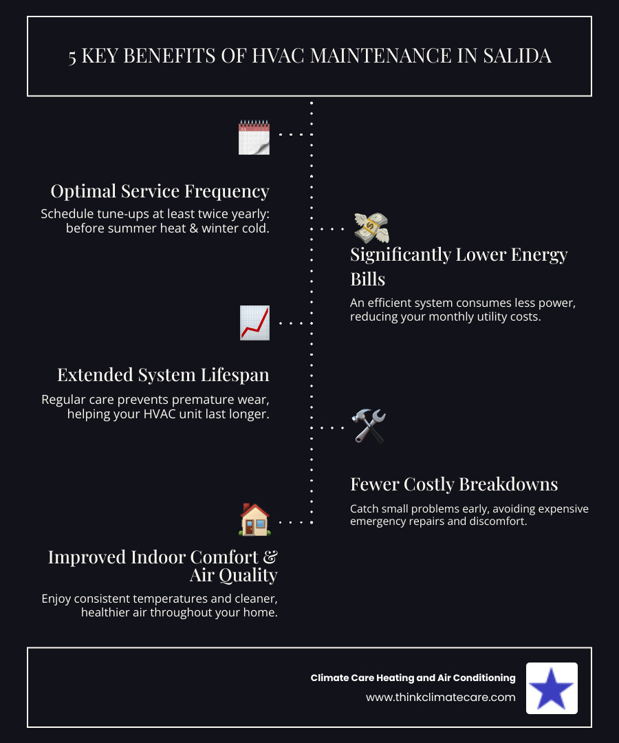 infographic showing HVAC maintenance benefits including lower energy bills, extended system life, improved air quality, and fewer repairs with seasonal maintenance schedule for spring and fall - hvac maintenance salida ca infographic infographic-line-5-steps-dark
