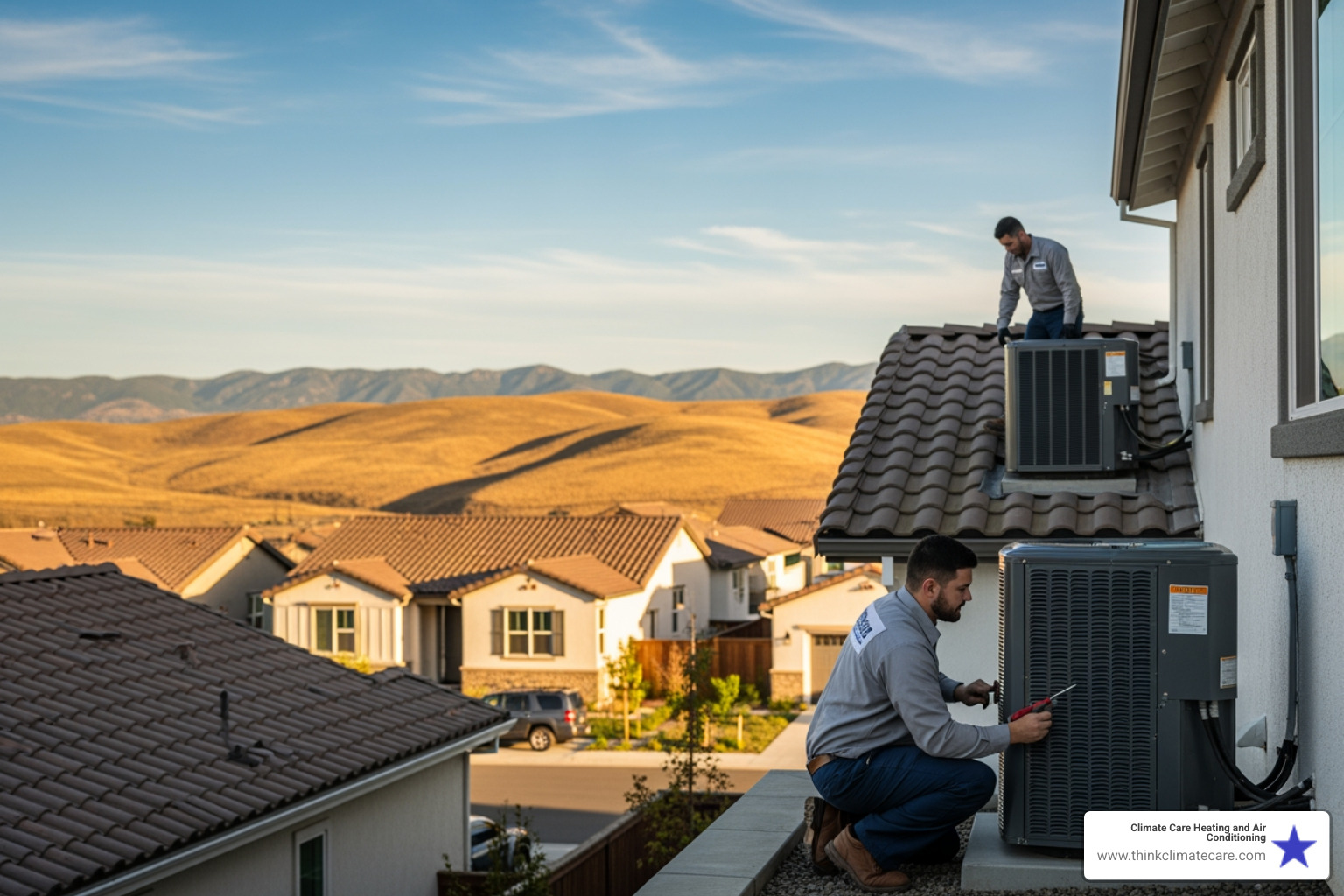 infographic showing HVAC system components including furnace, air conditioner, ductwork, thermostat, and maintenance schedule for Mountain House climate with seasonal temperature ranges - hvac repair mountain house ca