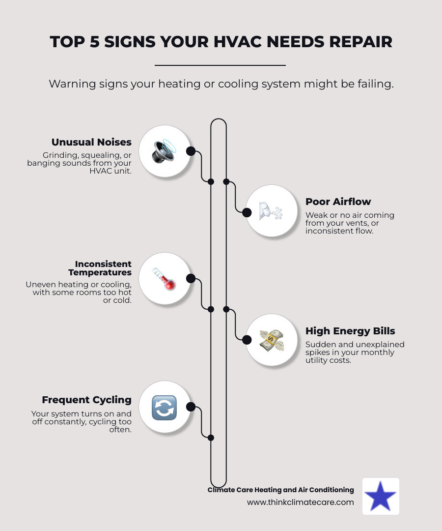 Infographic explaining the top 5 signs your HVAC system needs repair: unusual noises like grinding or banging, weak or inconsistent airflow, uneven temperatures throughout the home, sudden spikes in energy bills, and frequent on-off cycling of the system - hvac repair in french camp, ca infographic infographic-line-5-steps-elegant_beige