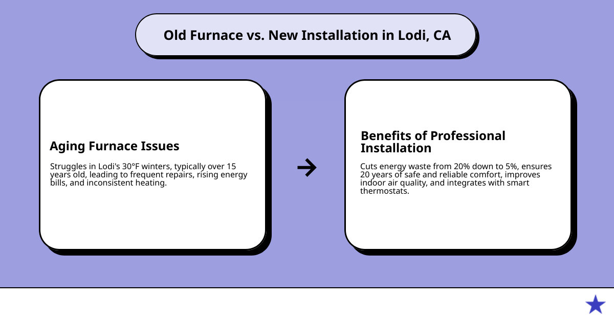 Detailed infographic showing the complete furnace installation process from initial consultation and home assessment through equipment selection, permit acquisition, old unit removal, new system installation, ductwork inspection, thermostat setup, final testing, and post-installation maintenance schedule - furnace installation lodi ca infographic cause_effect_text Detailed infographic showing the complete furnace installation process from initial consultation and home assessment through equipment selection, permit acquisition, old unit removal, new system installation, ductwork inspection, thermostat setup, final testing, and post-installation maintenance schedule - furnace installation lodi ca infographic cause_effect_text