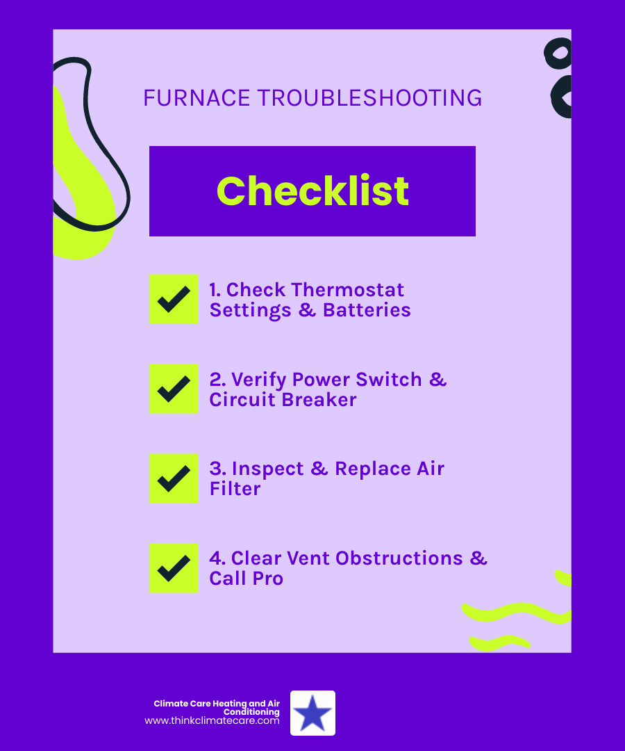 Infographic showing step-by-step furnace troubleshooting: check thermostat settings and batteries, verify power switch is on, inspect and replace air filter if dirty, check circuit breaker, clear vent obstructions, and call professional if issues persist - furnace repair ceres ca infographic checklist-fun-neon Infographic showing step-by-step furnace troubleshooting: check thermostat settings and batteries, verify power switch is on, inspect and replace air filter if dirty, check circuit breaker, clear vent obstructions, and call professional if issues persist - furnace repair ceres ca infographic checklist-fun-neon