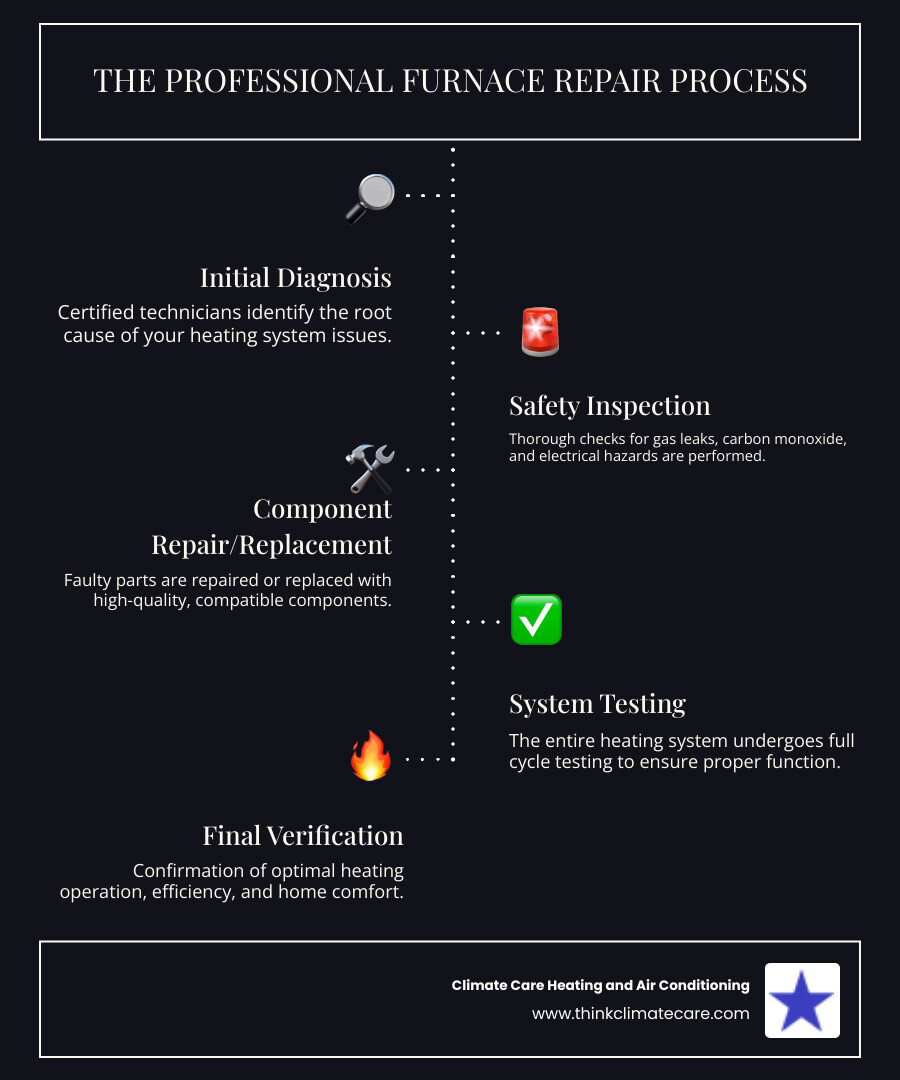 infographic showing the professional furnace repair process from initial diagnosis through safety inspection, component repair or replacement, system testing, and final verification of proper heating operation - furnace repair lodi ca infographic infographic-line-5-steps-dark