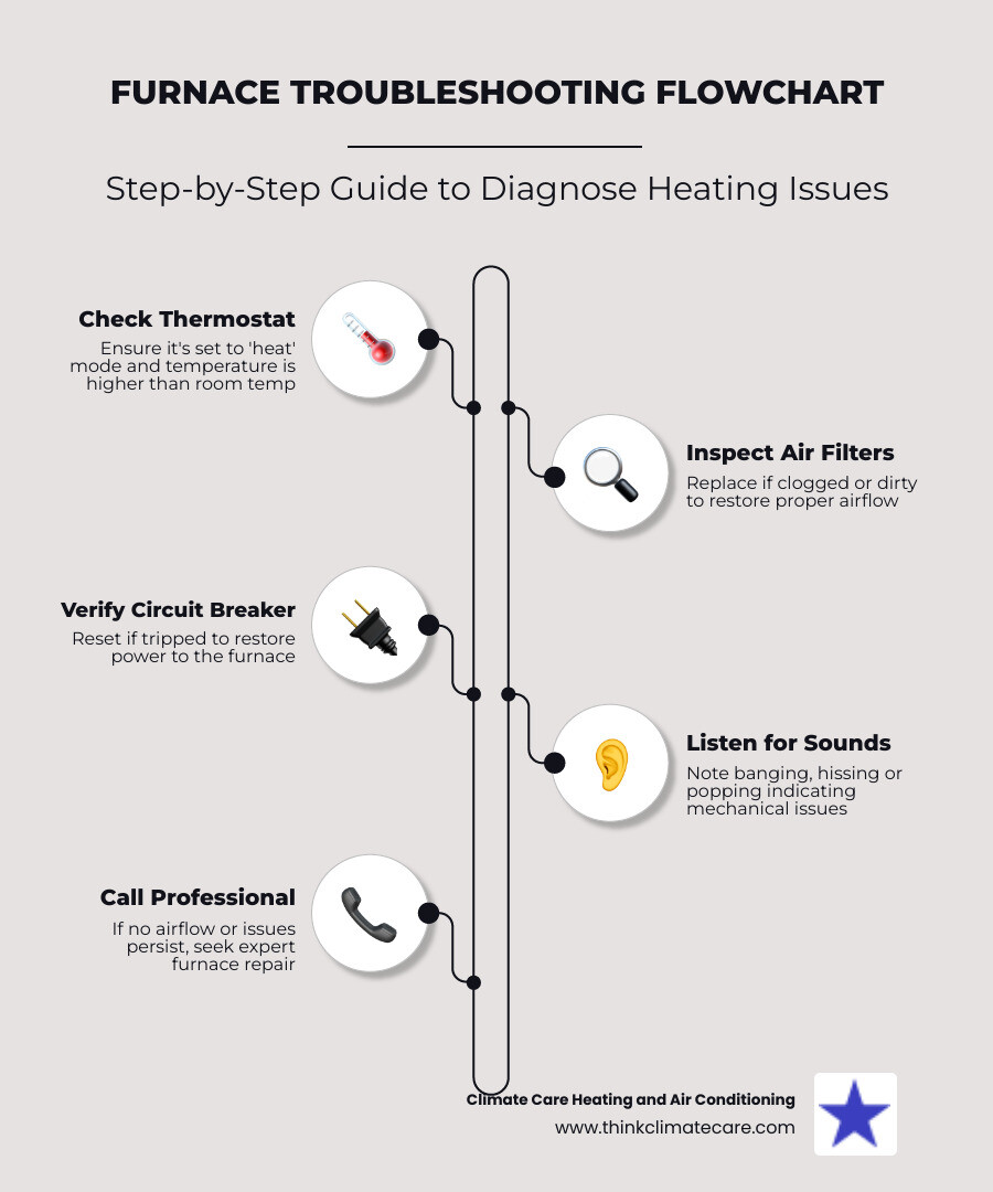 Infographic showing furnace troubleshooting flowchart: check thermostat settings, inspect air filters, verify circuit breaker, listen for unusual sounds, feel for airflow at vents, and when to call professional repair services for Manteca homes - furnace repair manteca ca infographic infographic-line-5-steps-elegant_beige Infographic showing furnace troubleshooting flowchart: check thermostat settings, inspect air filters, verify circuit breaker, listen for unusual sounds, feel for airflow at vents, and when to call professional repair services for Manteca homes - furnace repair manteca ca infographic infographic-line-5-steps-elegant_beige