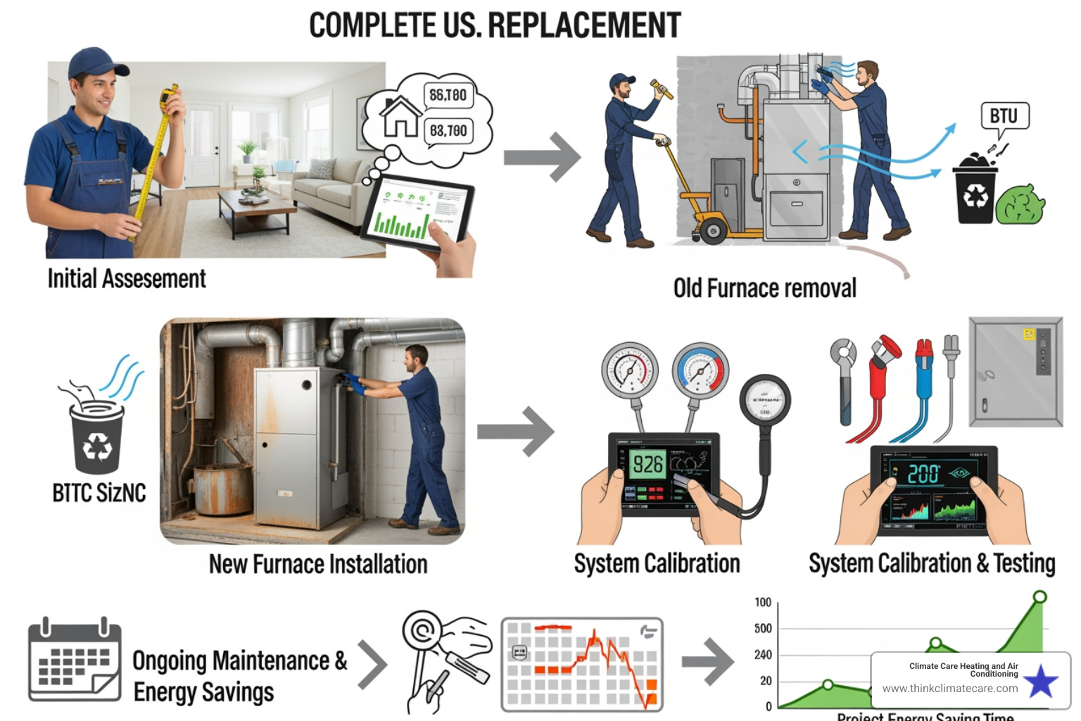 infographic showing the complete furnace replacement process from initial assessment through home sizing and BTU calculation, old system removal and disposal, new furnace installation with ductwork inspection, system calibration and testing, and ongoing maintenance schedule with expected energy savings timeline - furnace replacement manteca ca