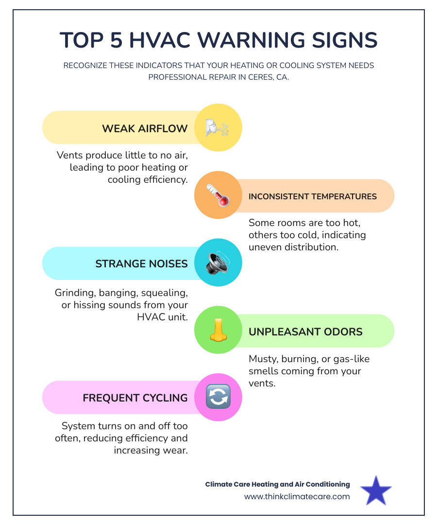 Infographic showing common HVAC repair warning signs including weak airflow, inconsistent temperatures, strange noises like grinding or banging, unpleasant odors, frequent cycling, and water leaks around the unit, with simple icons representing each issue - hvac repair ceres ca infographic infographic-line-5-steps-colors Infographic showing common HVAC repair warning signs including weak airflow, inconsistent temperatures, strange noises like grinding or banging, unpleasant odors, frequent cycling, and water leaks around the unit, with simple icons representing each issue - hvac repair ceres ca infographic infographic-line-5-steps-colors