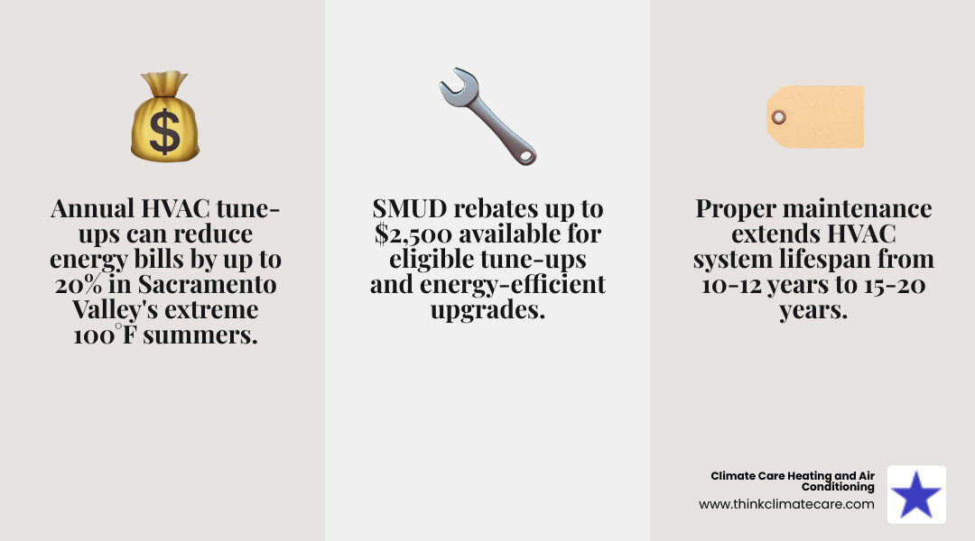 Infographic showing the top benefits of annual HVAC tune-ups in Fair Oaks CA including lower energy bills, longer system lifespan of 15-20 years, SMUD rebate eligibility up to $2500, No Breakdown Guarantee, priority scheduling, and 20% repair discounts through maintenance plans, with icons representing each benefit and a Sacramento Valley climate note about 100F summer heat and damp winters - "I need to schedule an HVAC tune-up in Fair Oaks, CA. Who are the best companies?" infographic 3_facts_emoji_grey Infographic showing the top benefits of annual HVAC tune-ups in Fair Oaks CA including lower energy bills, longer system lifespan of 15-20 years, SMUD rebate eligibility up to $2500, No Breakdown Guarantee, priority scheduling, and 20% repair discounts through maintenance plans, with icons representing each benefit and a Sacramento Valley climate note about 100F summer heat and damp winters - "I need to schedule an HVAC tune-up in Fair Oaks, CA. Who are the best companies?" infographic 3_facts_emoji_grey