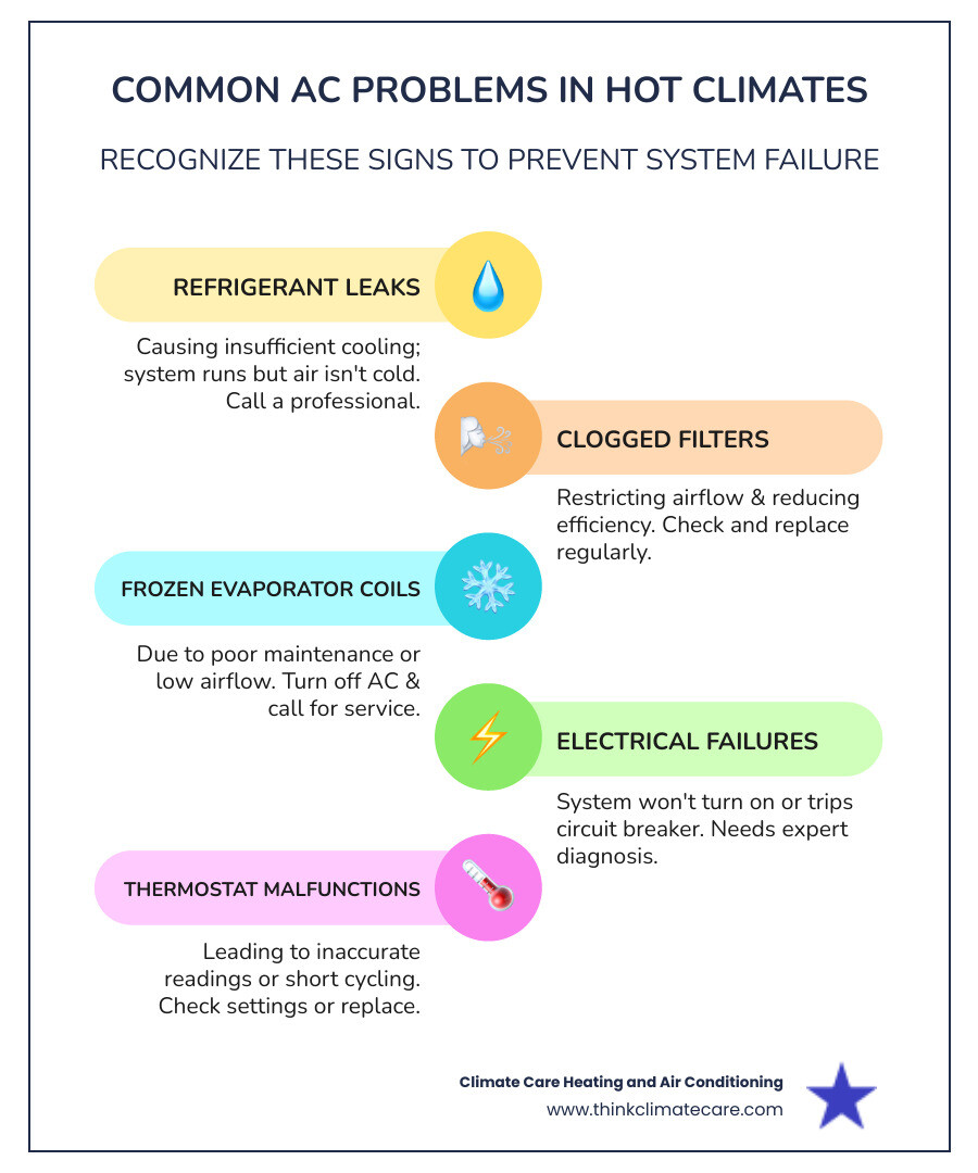 Infographic showing common AC problems in hot climates: 1) Refrigerant leaks causing insufficient cooling, 2) Clogged filters restricting airflow, 3) Frozen evaporator coils from poor maintenance, 4) Electrical failures during high-demand periods, 5) Thermostat malfunctions leading to short cycling. Each includes warning signs and when to call a professional. - ac repair antelope ca infographic infographic-line-5-steps-colors