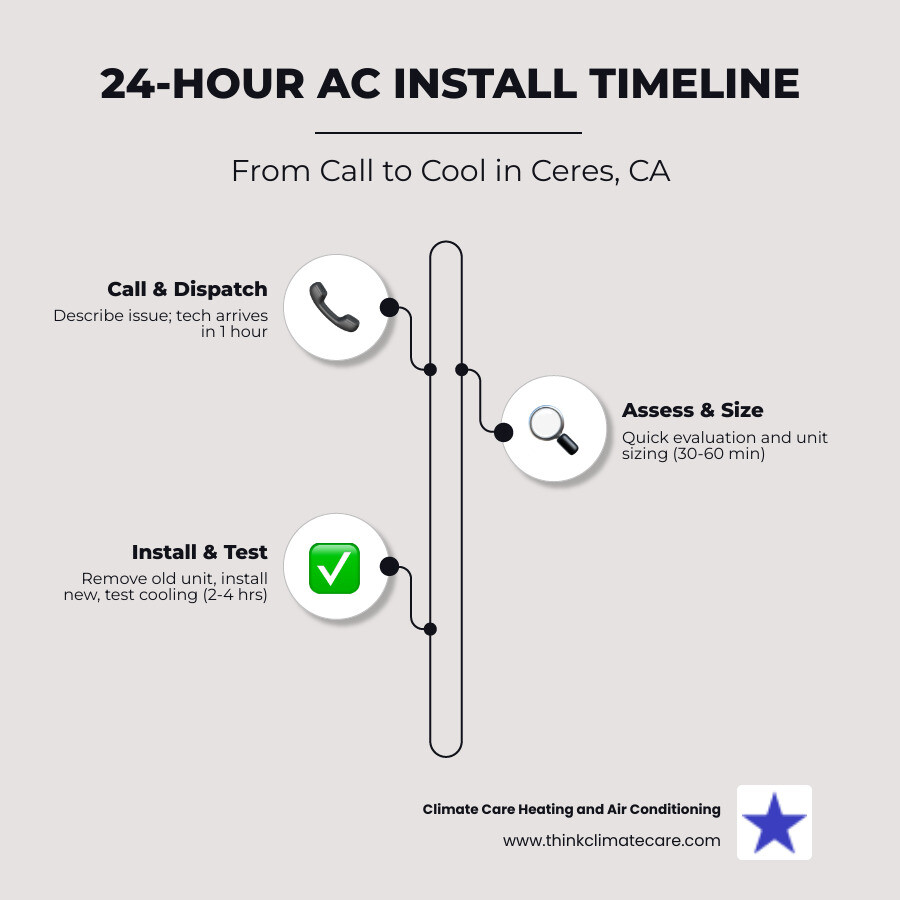 Infographic showing the 24-hour emergency AC installation timeline in Ceres CA: Step 1 - Call and describe your situation (0-15 min), Step 2 - Technician dispatched and arrives within 1 hour, Step 3 - Rapid system assessment and unit sizing (30-60 min), Step 4 - Old unit removed and new unit installed (2-4 hours), Step 5 - Electrical checks and permit compliance verified, Step 6 - System tested and home cooling restored — total process typically completed within same day - 24 hour ac installation in ceres, ca infographic infographic-line-3-steps-elegant_beige Infographic showing the 24-hour emergency AC installation timeline in Ceres CA: Step 1 - Call and describe your situation (0-15 min), Step 2 - Technician dispatched and arrives within 1 hour, Step 3 - Rapid system assessment and unit sizing (30-60 min), Step 4 - Old unit removed and new unit installed (2-4 hours), Step 5 - Electrical checks and permit compliance verified, Step 6 - System tested and home cooling restored — total process typically completed within same day - 24 hour ac installation in ceres, ca infographic infographic-line-3-steps-elegant_beige