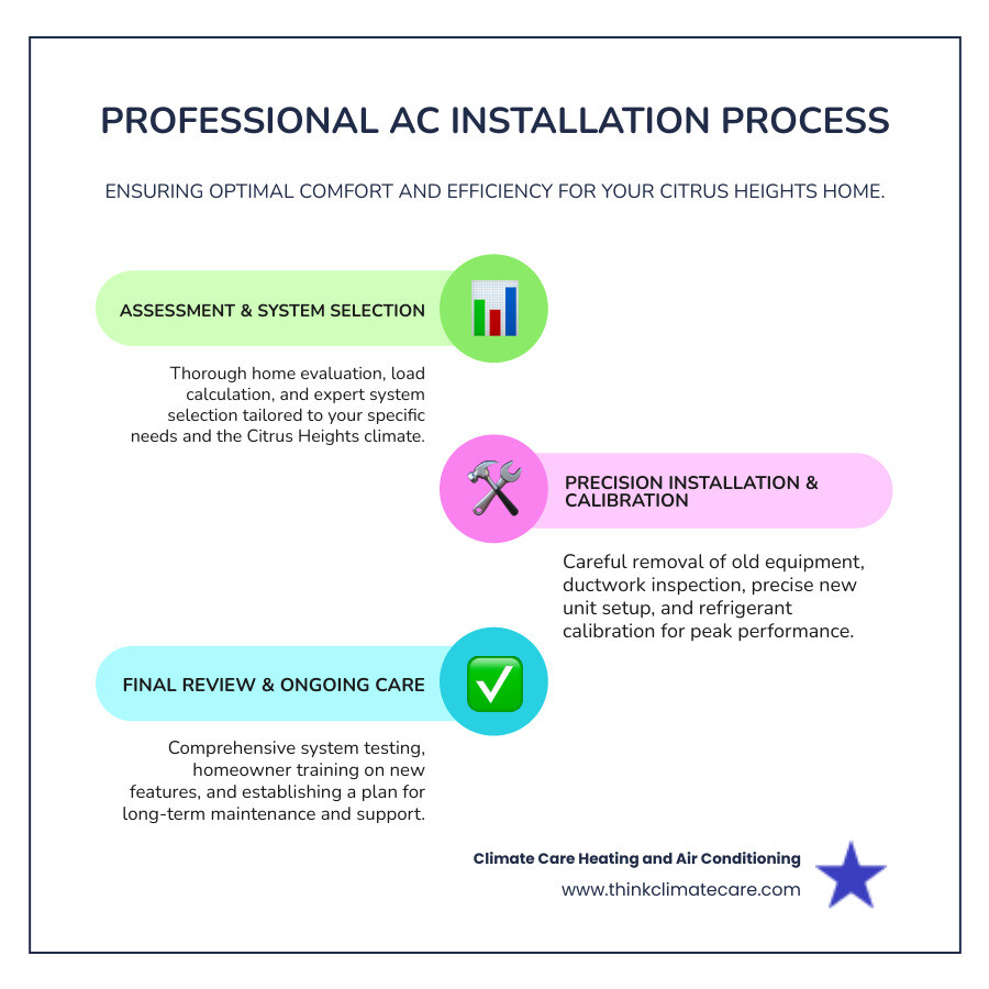 Professional AC Installation Process in Citrus Heights: Home evaluation and load calculation, system selection based on home needs and climate, removal of old equipment, ductwork inspection and modifications, precise installation following manufacturer specs, refrigerant calibration and airflow testing, final walkthrough and homeowner training, ongoing maintenance schedule - ac installation citrus heights ca infographic infographic-line-3-steps-colors