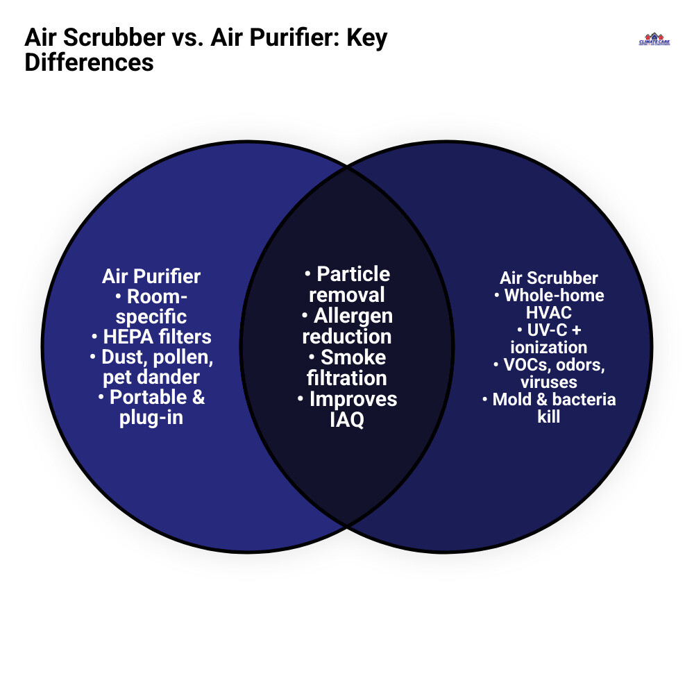 Infographic comparing air scrubber vs air purifier: coverage, technology, and best use cases side by side - air scrubber and