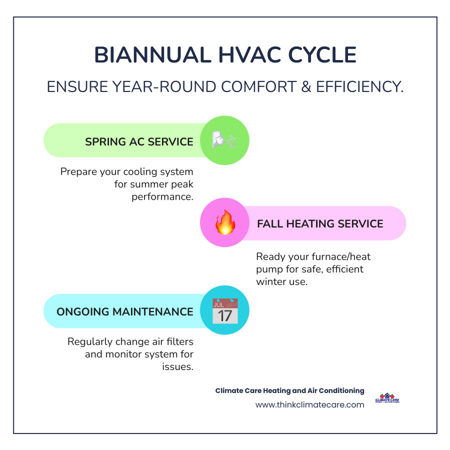Biannual HVAC maintenance cycle showing spring AC service and fall heating service schedule - how often should you service