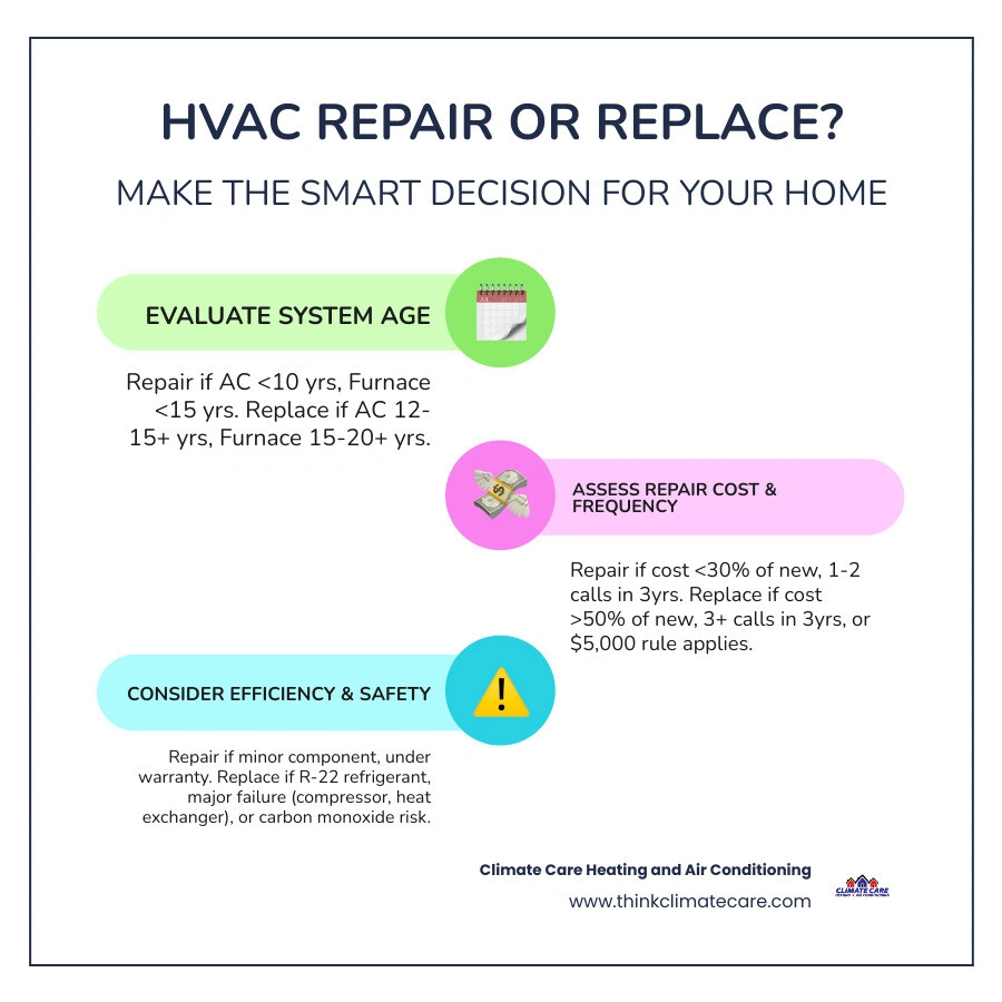 Repair vs replace HVAC decision tree infographic with age, cost, and efficiency thresholds - should i repair or replace my