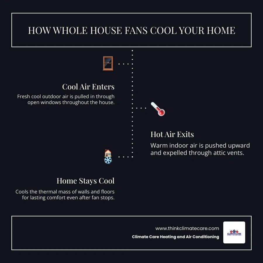 Infographic showing how a QuietCool whole house fan works: cool air in through windows, hot air out through attic vents